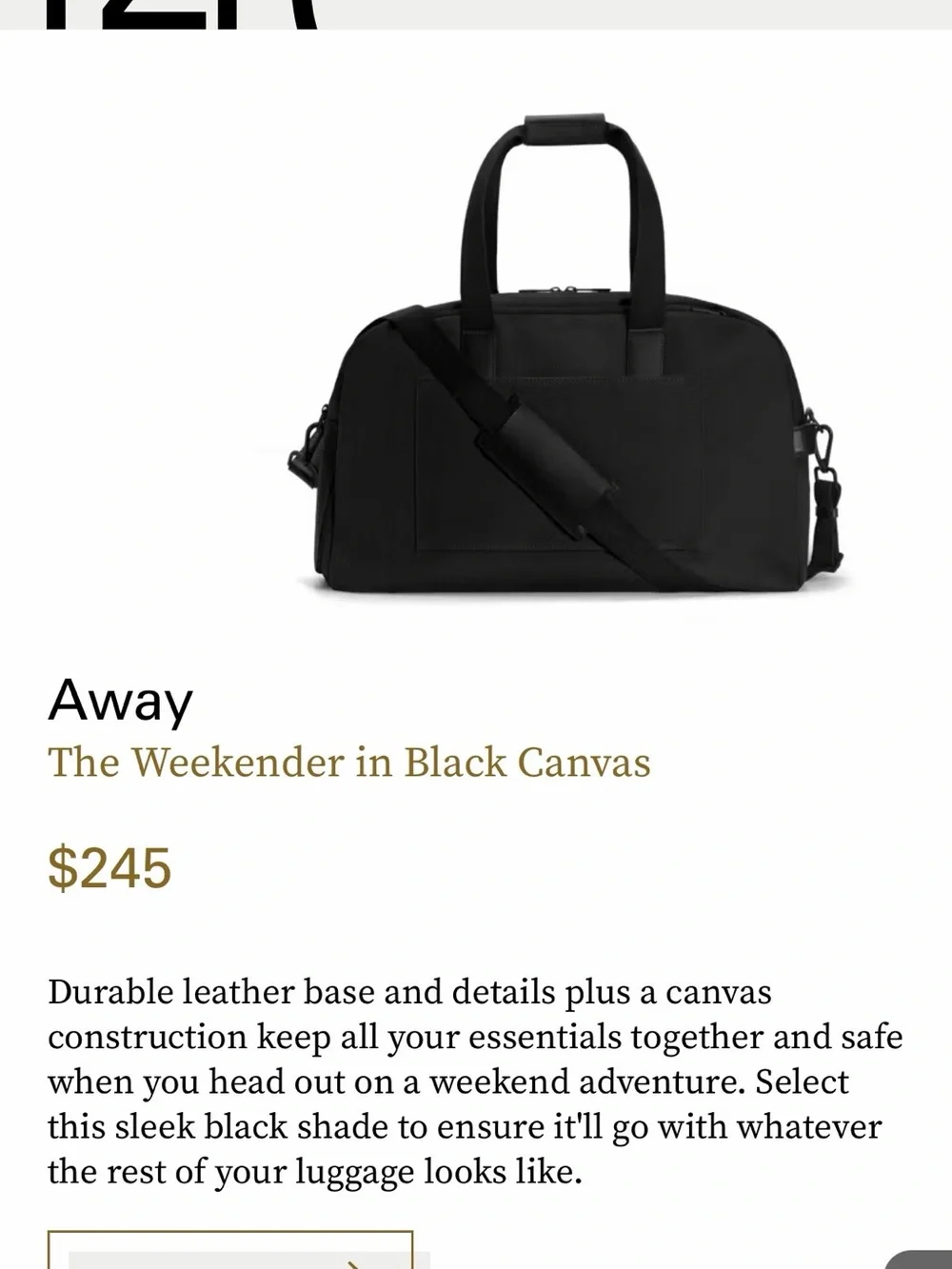Away Black Canvas Duffel Bag with Front Patch Pocket - Like New! Retails $245